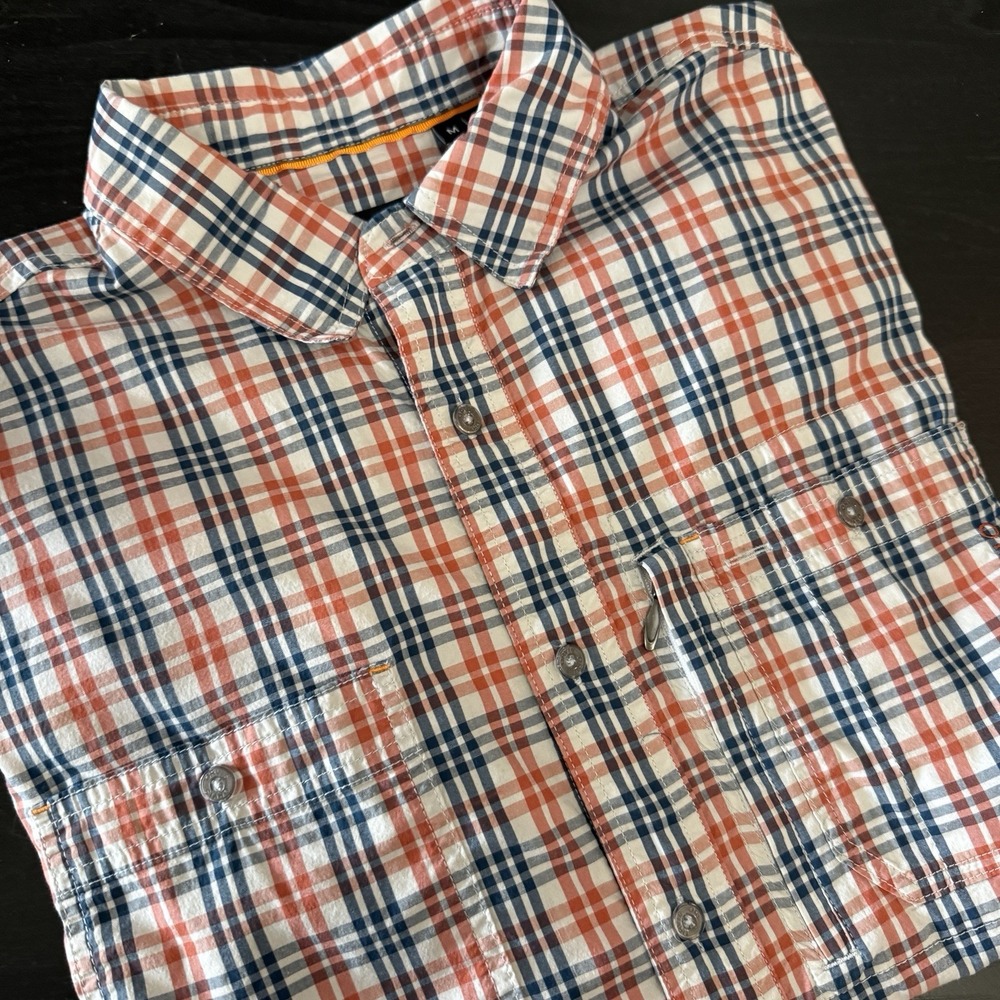 Orvis‎ Active Fit Men's Medium Blue Orange Plaid Fishing Shirt Short Sleeve